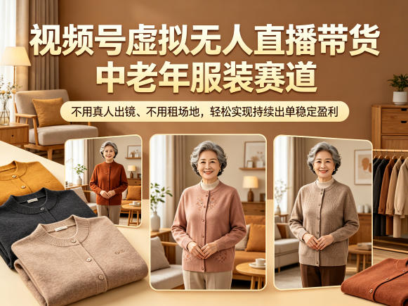 视频号虚拟无人直播带货中老年服装赛道,不用真人出镜、不用租场地,轻松实现持续出单稳定盈利 1 视频号虚拟无人直播带货中老年服装赛道,不用真人出镜、不用租场地,轻松实现持续出单稳定盈利