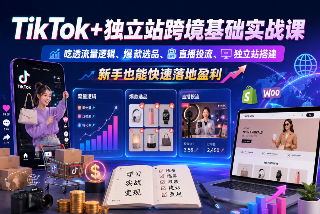 TikTok+独立站跨境基础实战课,吃透流量逻辑、爆款选品、直播投流与独立站搭建,新手也能快速落地盈利 1 TikTok+独立站跨境基础实战课,吃透流量逻辑、爆款选品、直播投流与独立站搭建,新手也能快速落地盈利