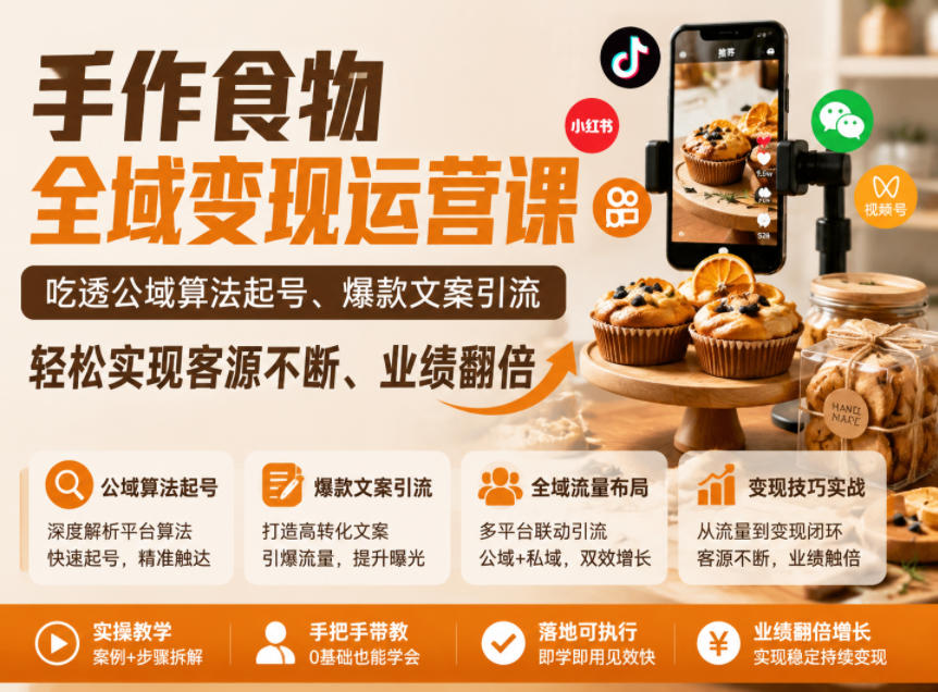 手作食物全域变现运营课,吃透公域算法起号、爆款文案引流,轻松实现客源不断、业绩翻倍 1 手作食物全域变现运营课,吃透公域算法起号、爆款文案引流,轻松实现客源不断、业绩翻倍