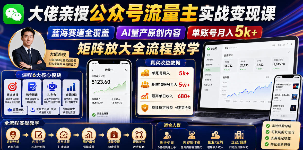 大佬亲授公众号流量主实战变现课,蓝海赛道全覆盖,AI量产原创内容,单账号月入5k+矩阵放大全流程教学 1 大佬亲授公众号流量主实战变现课,蓝海赛道全覆盖,AI量产原创内容,单账号月入5k+矩阵放大全流程教学
