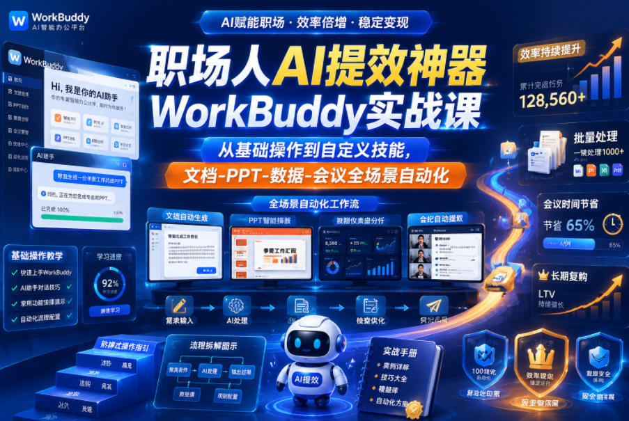 职场人AI提效神器WorkBuddy实战课,从基础操作到自定义技能,文档-PPT-数据-会议全场景自动化 1 职场人AI提效神器WorkBuddy实战课,从基础操作到自定义技能,文档-PPT-数据-会议全场景自动化