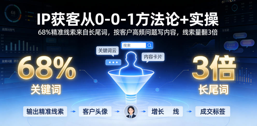 IP获客从0-1方法论+实操,68%精准线索来自长尾词,按客户高频问题写内容,线索量翻3倍 1 IP获客从0-1方法论+实操,68%精准线索来自长尾词,按客户高频问题写内容,线索量翻3倍