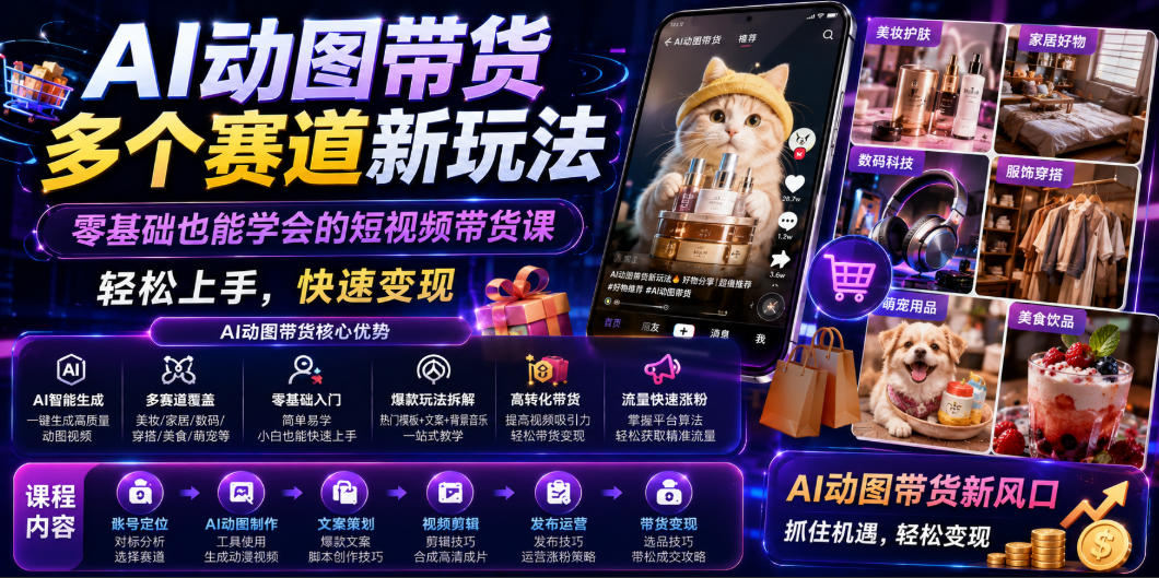 AI动图带货多个赛道新玩法,零基础也能学会的短视频带货课,轻松上手,快速变现 1 AI动图带货多个赛道新玩法,零基础也能学会的短视频带货课,轻松上手,快速变现
