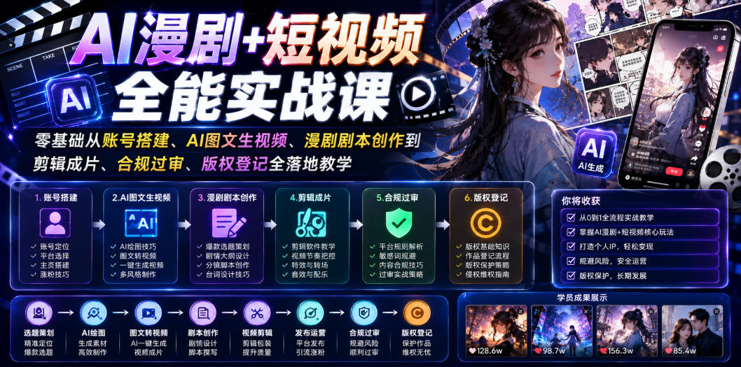 AI漫剧+短视频全能实战课|零基础从账号搭建、AI图文生视频、漫剧剧本创作到剪辑成片、合规过审、版权登记全落地教学 1 AI漫剧+短视频全能实战课|零基础从账号搭建、AI图文生视频、漫剧剧本创作到剪辑成片、合规过审、版权登记全落地教学