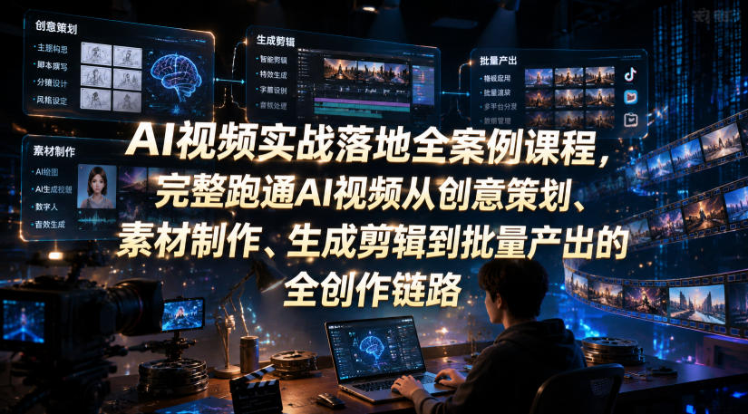 AI视频实战落地全案例课程,完整跑通AI视频从创意策划、素材制作、生成剪辑到批量产出的全创作链路 1 AI视频实战落地全案例课程,完整跑通AI视频从创意策划、素材制作、生成剪辑到批量产出的全创作链路