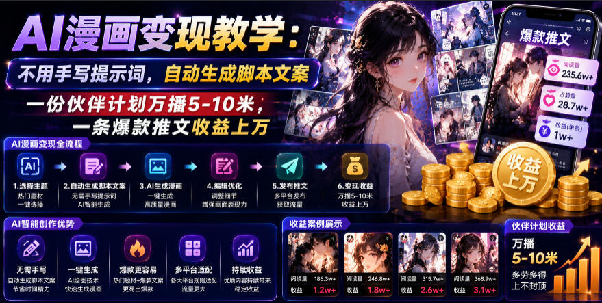 AI漫画变现教学:不用手写提示词,自动生成脚本文案,一份伙伴计划万播5-10米,一条爆款推文收益上W 1 AI漫画变现教学:不用手写提示词,自动生成脚本文案,一份伙伴计划万播5-10米,一条爆款推文收益上W
