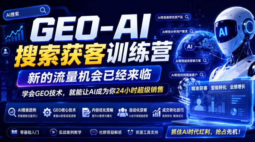 GEO-AI搜索获客训练营,新的流量机会已经来临,学会GEO技术,就能让AI成为你24小时超级销售 1 GEO-AI搜索获客训练营,新的流量机会已经来临,学会GEO技术,就能让AI成为你24小时超级销售