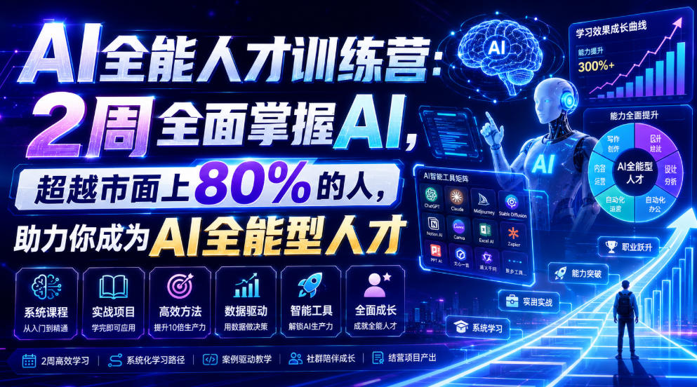 AI全能人才训练营:2周全面掌握AI,超越市面上80%的人,助力你成为AI全能型人才 1 AI全能人才训练营:2周全面掌握AI,超越市面上80%的人,助力你成为AI全能型人才