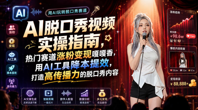 AI脱口秀视频实操指南,热门赛道涨粉变现嘎嘎香,用AI工具降本提效,打造高传播力的脱口秀内容 1 AI脱口秀视频实操指南,热门赛道涨粉变现嘎嘎香,用AI工具降本提效,打造高传播力的脱口秀内容