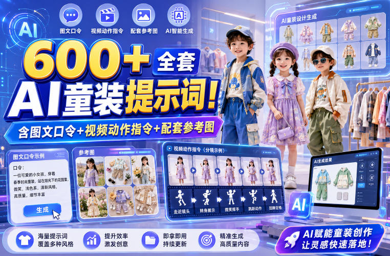 600+全套AI童装提示词!含图文口令+视频动作指令+配套参考图,Word-Excel规整分类,童装电商、种草无脑量产内容! 1 600+全套AI童装提示词!含图文口令+视频动作指令+配套参考图,Word-Excel规整分类,童装电商、种草无脑量产内容!