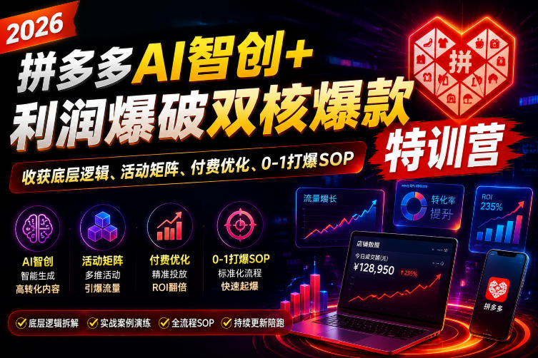 2026拼多多AI智创+利润爆破双核爆款特训营,收获底层逻辑、活动矩阵、付费优化、0-1打爆SOP 1 2026拼多多AI智创+利润爆破双核爆款特训营,收获底层逻辑、活动矩阵、付费优化、0-1打爆SOP