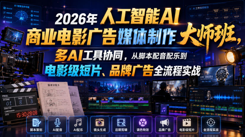 2026年人工智能AI商业电影广告媒体制作大师班,多AI工具协同,从脚本配音配乐到电影级短片、品牌广告全流程实战(中英字幕) 1 2026年人工智能AI商业电影广告媒体制作大师班,多AI工具协同,从脚本配音配乐到电影级短片、品牌广告全流程实战(中英字幕)