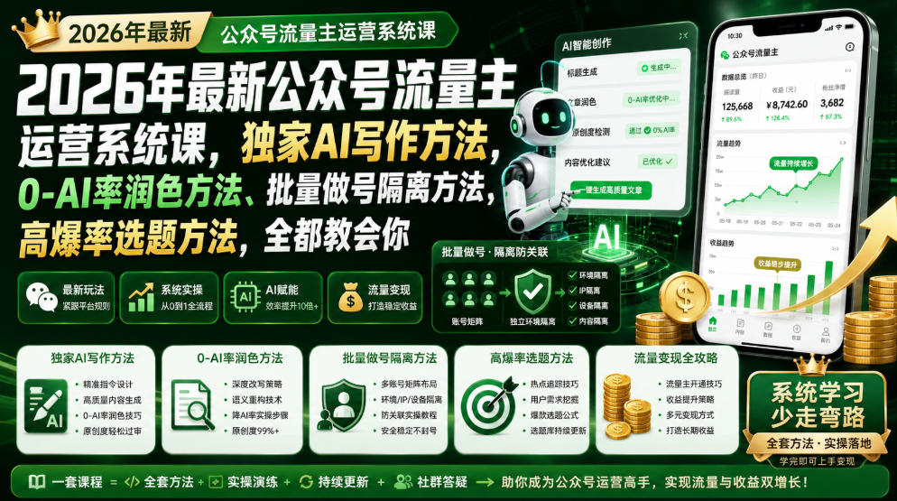 2026年最新公众号流量主运营系统课,独家AI写作方法,0-AI率润色方法、批量做号隔离方法、高爆率选题方法,全都教会你 1 2026年最新公众号流量主运营系统课,独家AI写作方法,0-AI率润色方法、批量做号隔离方法、高爆率选题方法,全都教会你