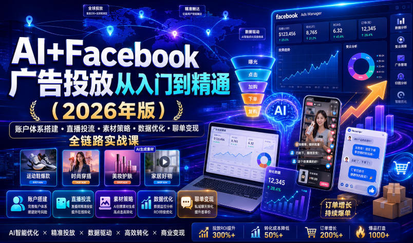 AI+Facebook广告投放从入门到精通(2026年版)|账户体系搭建・直播投流・素材策略・数据优化・聊单变现全链路实战课 1 AI+Facebook广告投放从入门到精通(2026年版)|账户体系搭建・直播投流・素材策略・数据优化・聊单变现全链路实战课