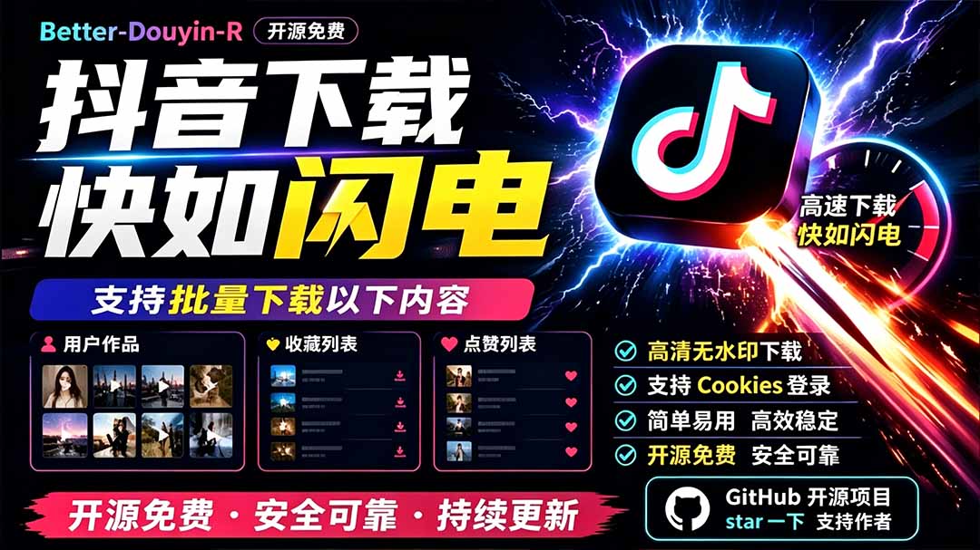 别再乱找了!D音下载快如闪电,支持批量下载用户作品收藏列表和点赞列表,开源免费 Better-douyin-R 1 20260721143423 6a5f836f47ed8