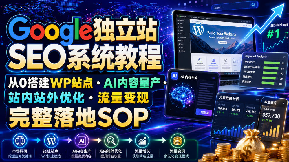 Google独立站SEO系统教程,从0搭建WP站点・AI内容量产・站内站外优化・流量变现完整落地SOP(2026年7月) 1 Google独立站SEO系统教程,从0搭建WP站点・AI内容量产・站内站外优化・流量变现完整落地SOP(2026年7月)