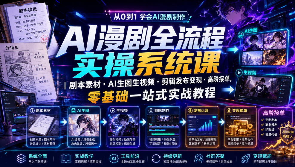AI漫剧全流程实操系统课|剧本素材・AI生图生视频・剪辑发布变现・高阶接单,零基础一站式实战教程 1 AI漫剧全流程实操系统课|剧本素材・AI生图生视频・剪辑发布变现・高阶接单,零基础一站式实战教程