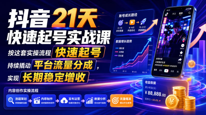 抖音21天快速起号实战课,按这套实操流程快速起号,持续撬动平台流量分成,实现长期稳定增收 1 抖音21天快速起号实战课,按这套实操流程快速起号,持续撬动平台流量分成,实现长期稳定增收