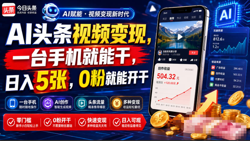 AI头条视频变现,一台手机就能干,日入5张,0粉就能开干 1 AI头条视频变现,一台手机就能干,日入5张,0粉就能开干