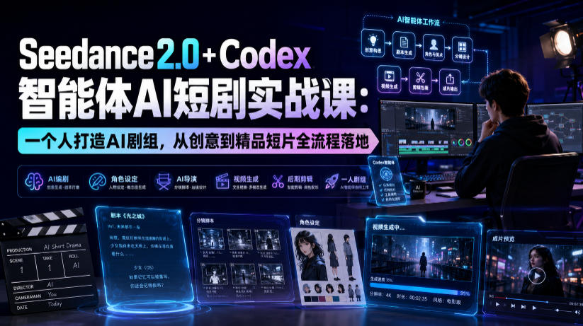 Seedance2.0+Codex智能体AI短剧实战课:一个人打造AI剧组,从创意到精品短片全流程 1 Seedance2.0+Codex智能体AI短剧实战课:一个人打造AI剧组,从创意到精品短片全流程