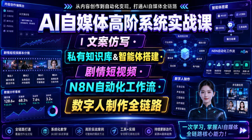AI自媒体高阶系统实战课|文案仿写・私有知识库&智能体搭建・剧情短视频・N8N自动化工作流・数字人制作全链路 1 AI自媒体高阶系统实战课|文案仿写・私有知识库&智能体搭建・剧情短视频・N8N自动化工作流・数字人制作全链路