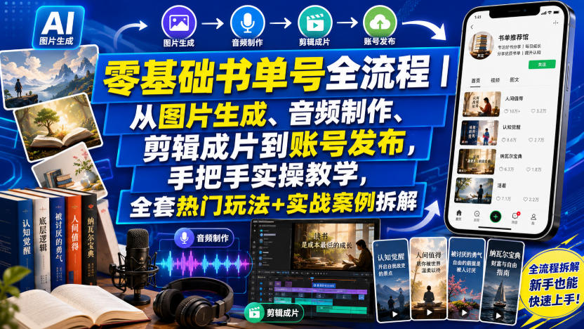 零基础书单号全流程|从图片生成、音频制作、剪辑成片到账号发布,手把手实操教学,全套热门玩法+实战案例拆解 1 零基础书单号全流程|从图片生成、音频制作、剪辑成片到账号发布,手把手实操教学,全套热门玩法+实战案例拆解