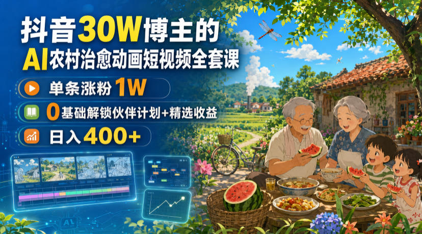 抖音30W博主的AI农村治愈动画短视频全套课|单条涨粉1W,0基础解锁伙伴计划+精选收益,日入400+ 1 抖音30W博主的AI农村治愈动画短视频全套课|单条涨粉1W,0基础解锁伙伴计划+精选收益,日入400+