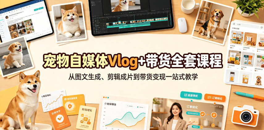 宠物自媒体Vlog+带货全套课程|从图文生成、剪辑成片到带货变现一站式教学 1 宠物自媒体Vlog+带货全套课程|从图文生成、剪辑成片到带货变现一站式教学