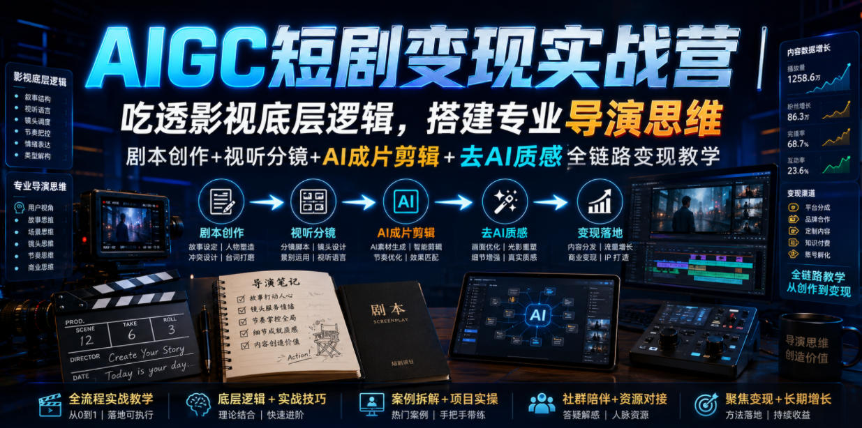 AIGC短剧变现实战营|吃透影视底层逻辑,搭建专业导演思维,剧本创作+视听分镜+AI成片剪辑+去AI质感全链路变现教学 1 AIGC短剧变现实战营|吃透影视底层逻辑,搭建专业导演思维,剧本创作+视听分镜+AI成片剪辑+去AI质感全链路变现教学
