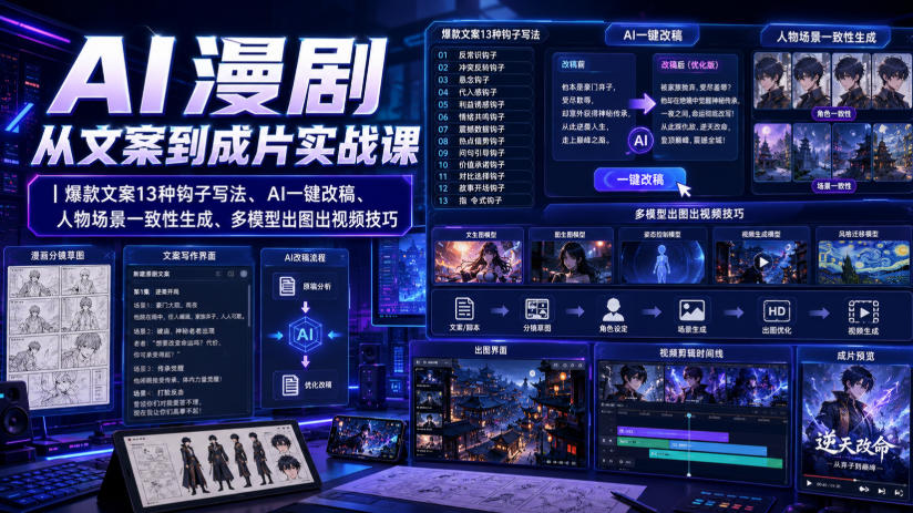 AI漫剧从文案到成片实战课|爆款文案13种钩子写法、AI一键改稿、人物场景一致性生成、多模型出图出视频技巧 1 AI漫剧从文案到成片实战课|爆款文案13种钩子写法、AI一键改稿、人物场景一致性生成、多模型出图出视频技巧