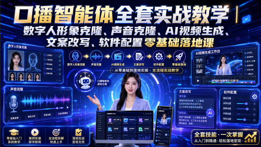 口播智能体全套实战教学|数字人形象克隆、声音克隆、AI视频生成、文案改写、软件配置零基础落地课 1 口播智能体全套实战教学|数字人形象克隆、声音克隆、AI视频生成、文案改写、软件配置零基础落地课