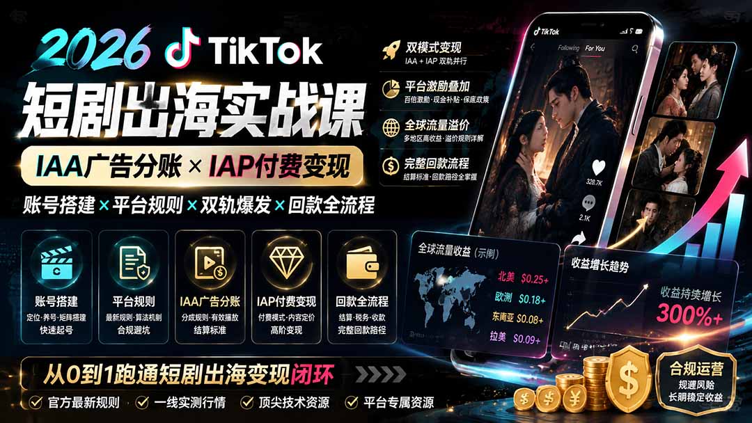 2026TikTok短剧出海实战课:IAA广告分账×IAP付费变现×账号搭建×平台规则×双轨爆发×回款全流程 1 20260807113522 6a75c2fa34d84