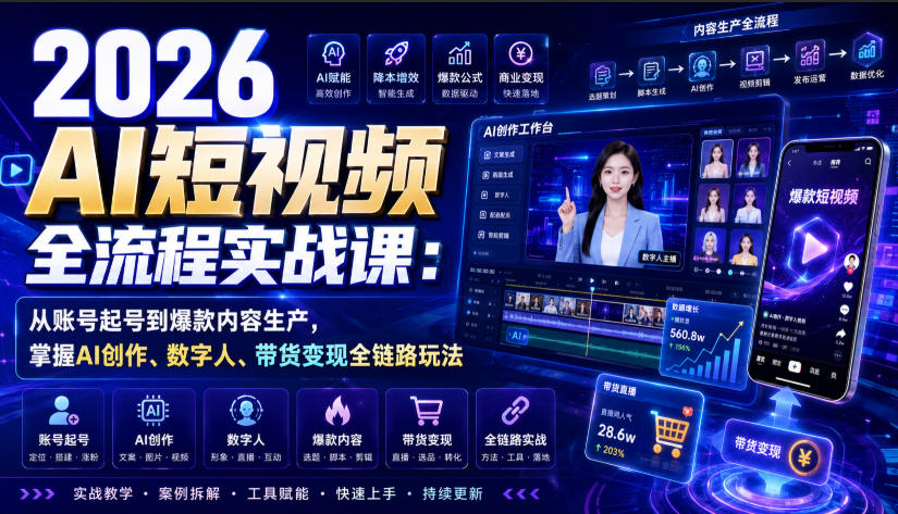 2026 AI短视频全流程实战课:从账号起号到爆款内容生产,掌握AI创作、数字人、带货变现全链路玩法 1 2026 AI短视频全流程实战课:从账号起号到爆款内容生产,掌握AI创作、数字人、带货变现全链路玩法