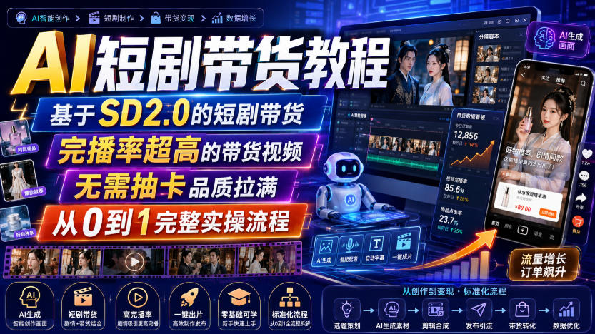 AI短剧带货教程,基于SD2.0的短剧带货,完播率超高的带货视频,无需抽卡品质拉满,从0到1完整实操流程 1 AI短剧带货教程,基于SD2.0的短剧带货,完播率超高的带货视频,无需抽卡品质拉满,从0到1完整实操流程
