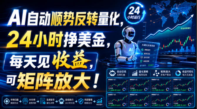 AI自动顺势反转量化,24小时挣美金,每天见收益,可矩阵放大!【揭秘】 1 AI自动顺势反转量化,24小时挣美金,每天见收益,可矩阵放大!【揭秘】