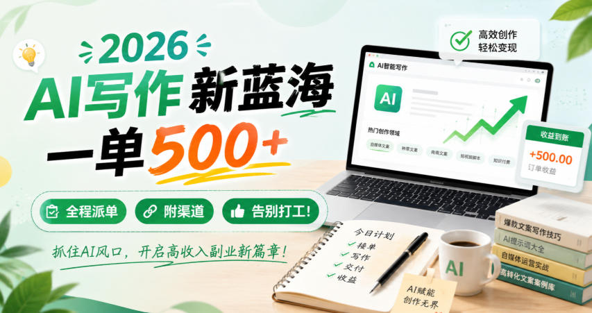 2026 AI写作新蓝海,一单500+,全程派单,附渠道,告别打工!【揭秘】 1 2026 AI写作新蓝海,一单500+,全程派单,附渠道,告别打工!【揭秘】