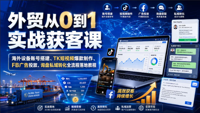 外贸从0到1实战获客课|海外设备账号搭建、TK短视频爆款制作、FB广告投放、询盘私域转化全流程落地教程 1 外贸从0到1实战获客课|海外设备账号搭建、TK短视频爆款制作、FB广告投放、询盘私域转化全流程落地教程