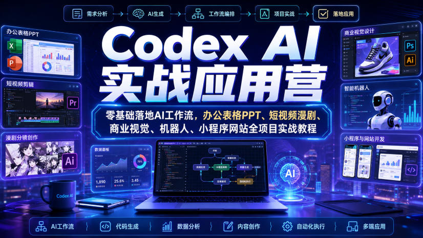 Codex AI实战应用营|零基础落地AI工作流,办公表格PPT、短视频漫剧、商业视觉、机器人、小程序网站全项目实战教程 1 Codex AI实战应用营|零基础落地AI工作流,办公表格PPT、短视频漫剧、商业视觉、机器人、小程序网站全项目实战教程