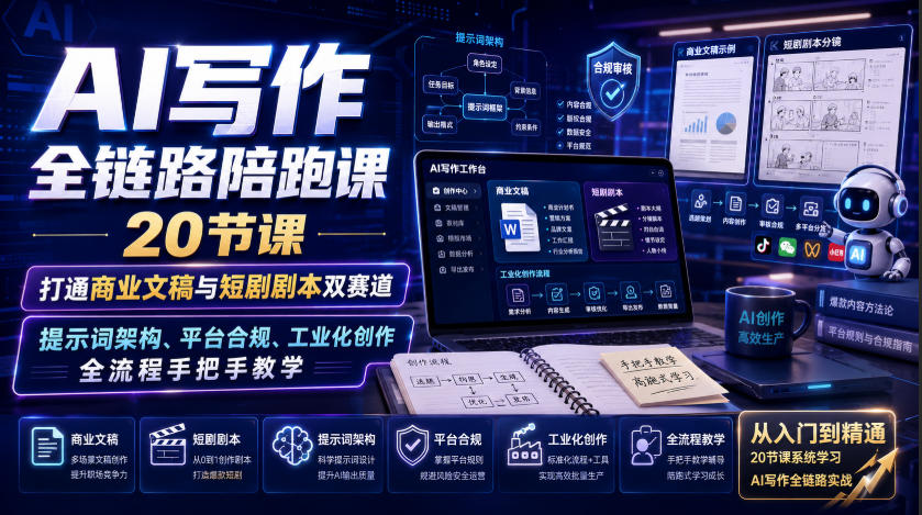 AI写作全链路陪跑课|20节课打通商业文稿与短剧剧本双赛道,提示词架构、平台合规、工业化创作全流程手把手教学 1 AI写作全链路陪跑课|20节课打通商业文稿与短剧剧本双赛道,提示词架构、平台合规、工业化创作全流程手把手教学