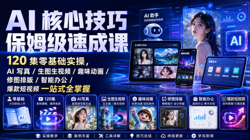 AI核心技巧保姆级速成课|120集零基础实操,AI写真/生图生视频/趣味动画/修图排版/智能办公/爆款短视频一站式全掌握 1 AI核心技巧保姆级速成课|120集零基础实操,AI写真/生图生视频/趣味动画/修图排版/智能办公/爆款短视频一站式全掌握