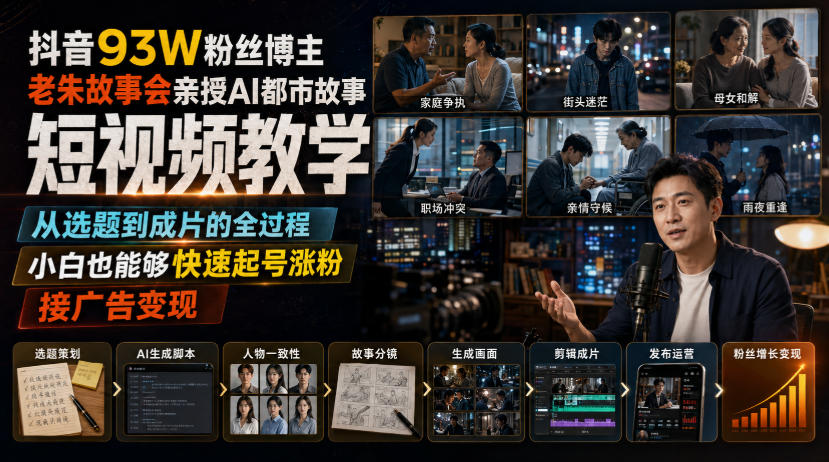 抖音93W粉丝博主老朱故事会亲授AI都市故事短视频教学,从选题到成片的全过程,小白也能够快速起号涨粉接广告变现 1 抖音93W粉丝博主老朱故事会亲授AI都市故事短视频教学,从选题到成片的全过程,小白也能够快速起号涨粉接广告变现
