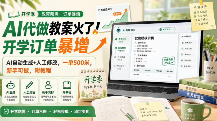AI代做教案火了!开学订单暴增,AI自动生成+人工修改,一单500米,新手可做,附教程【揭秘】网创-网赚-电商-tk-出海-AI-抖音-快手-小红书-视频号-玩法-创业-小程序-公众号-私域-s粉网创智库