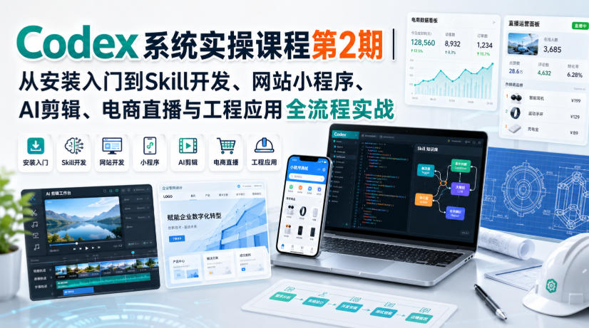 Codex系统实操课程第2期|从安装入门到Skill开发、网站小程序、AI剪辑、电商直播与工程应用全流程实战 1 Codex系统实操课程第2期|从安装入门到Skill开发、网站小程序、AI剪辑、电商直播与工程应用全流程实战