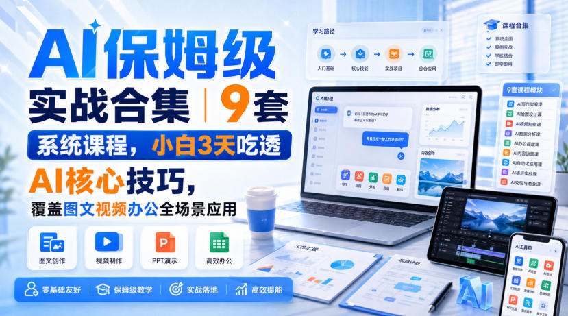 AI保姆级实战合集|9套系统课程,小白3天吃透AI核心技巧,覆盖图文视频办公全场景应用 1 AI保姆级实战合集|9套系统课程,小白3天吃透AI核心技巧,覆盖图文视频办公全场景应用