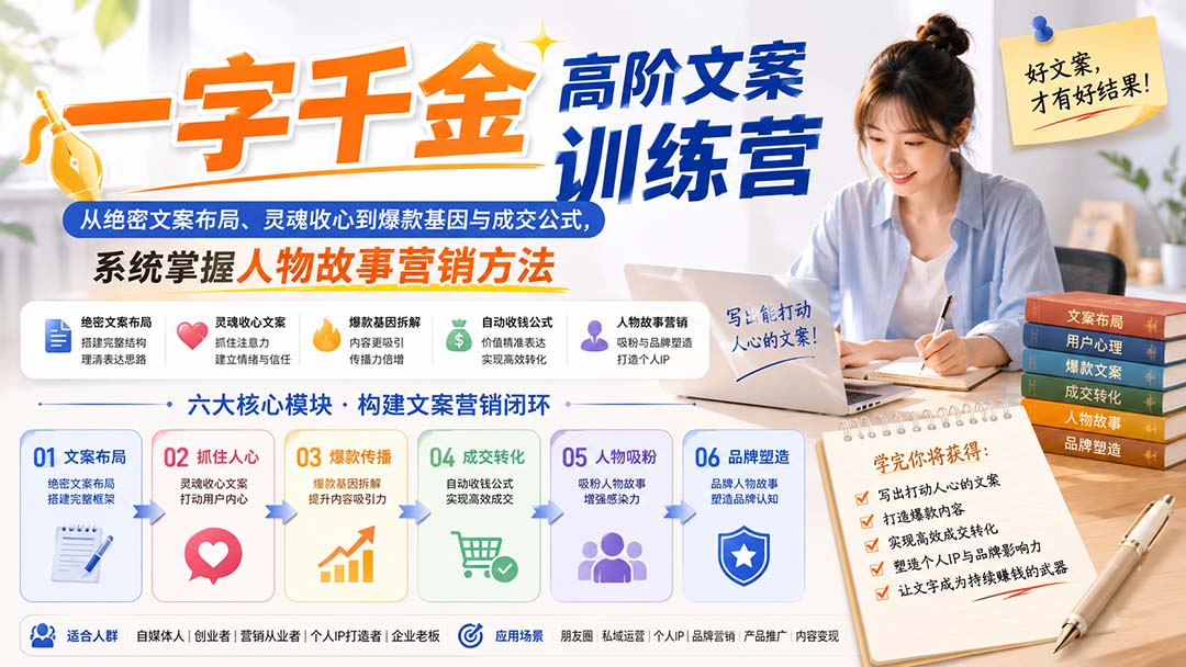 一字千金高阶文案训练营:从绝密文案布局、灵魂收心到爆款基因与成交公式,系统掌握人物故事营销方法 1 20260830035105 6a93a8a993a7e