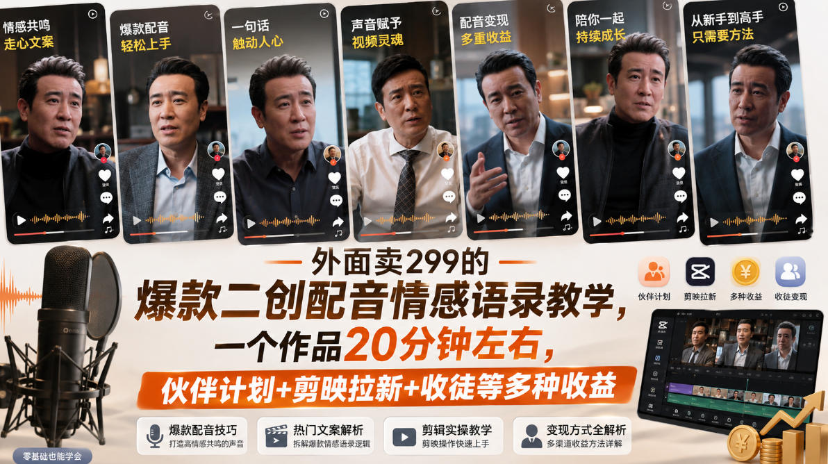 外面卖299的爆款二创配音情感语录教学,一个作品20分钟左右,伙伴计划+剪映拉新+收徒等多种收益 1 外面卖299的爆款二创配音情感语录教学,一个作品20分钟左右,伙伴计划+剪映拉新+收徒等多种收益