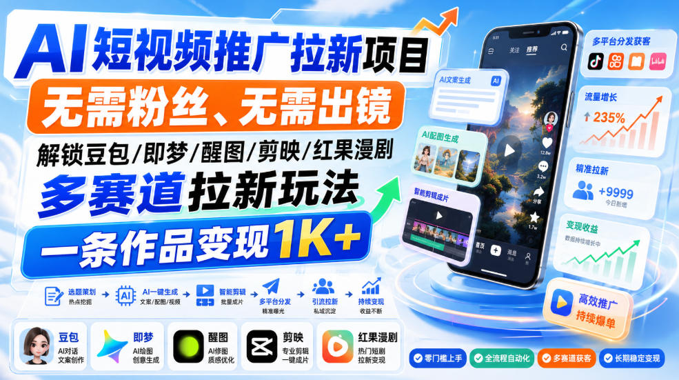 AI短视频推广拉新项目,无需粉丝、无需出镜,解锁豆包/即梦/醒图/剪映/红果漫剧多赛道拉新玩法,一条作品变现1K+ 1 AI短视频推广拉新项目,无需粉丝、无需出镜,解锁豆包/即梦/醒图/剪映/红果漫剧多赛道拉新玩法,一条作品变现1K+