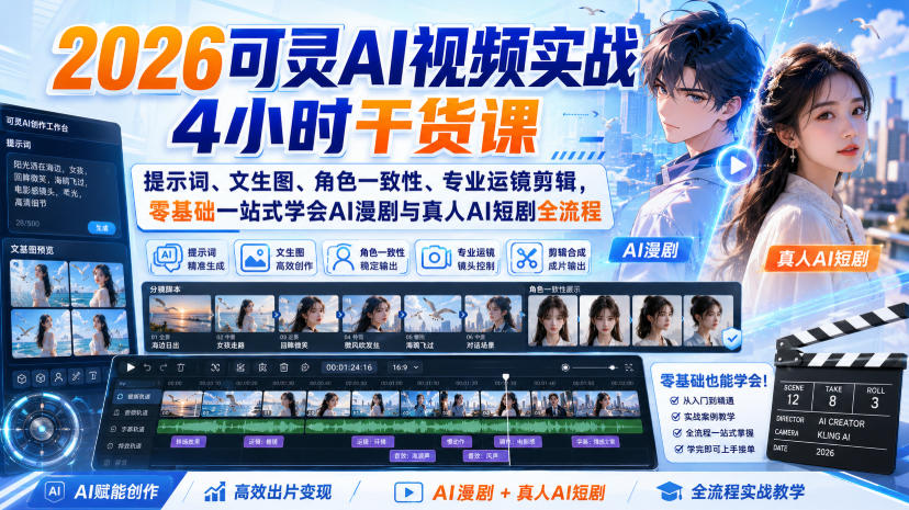 2026可灵AI视频实战4小时干货课|提示词、文生图、角色一致性、专业运镜剪辑,零基础一站式学会AI漫剧与真人AI短剧全流程 1 2026可灵AI视频实战4小时干货课|提示词、文生图、角色一致性、专业运镜剪辑,零基础一站式学会AI漫剧与真人AI短剧全流程