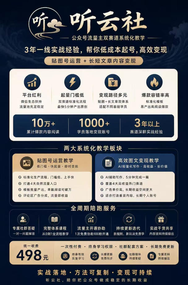 听云社公众号流量主双赛道系统化教学,3年一线实战经验,帮你低成本起号,高效变现,贴图号运营+长短文章内容变现 2 听云社公众号流量主双赛道系统化教学,3年一线实战经验,帮你低成本起号,高效变现,贴图号运营+长短文章内容变现