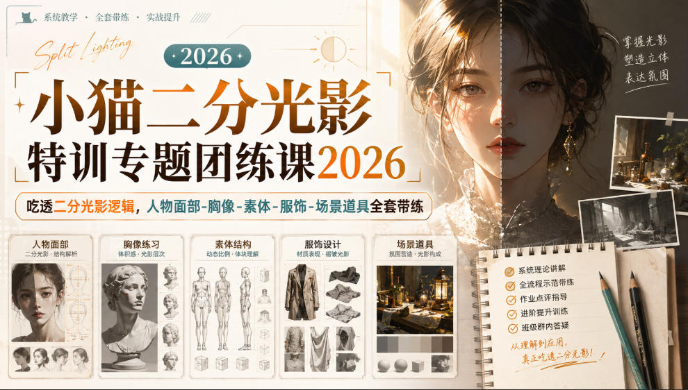 小猫二分光影特训专题团练课2026|吃透二分光影逻辑,人物面部‑胸像‑素体‑服饰‑场景道具全套带练,高清画质附赠课件与笔刷 1 小猫二分光影特训专题团练课2026|吃透二分光影逻辑,人物面部‑胸像‑素体‑服饰‑场景道具全套带练,高清画质附赠课件与笔刷